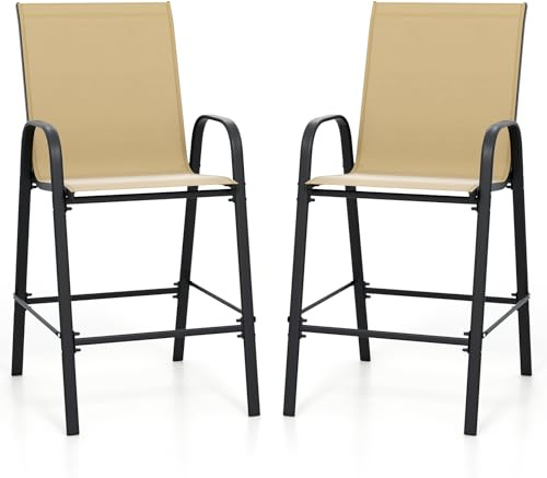 COSTWAY 2 Sillas Altas Textilene, Sillas Altas para Barra con Respaldo y Reposabrazos, Estructura Metálica, Taburete de Bar Cocina Jardin Terraza Exterior, 62 X 76 X 130 cm, Carga 150kg