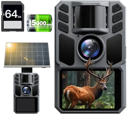 FKPCAM 4K 64MP Fototrappola Solare, con Batteria al Litio Ricaricabile Integrata da 5000mAh con scheda SD da 64 GB, IP67 Impermeabile, Infrarossi Invisibili con Velocità di Trigger 0.1s, 130°Angolo
