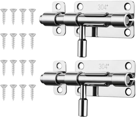 LUMOOM 2 chiavistelli per porta in acciaio inox, serratura massiccia per interni, stabile chiavistello come serratura scorrevole e blocco sicuro, per porte e finestre, con 16 viti (argento)