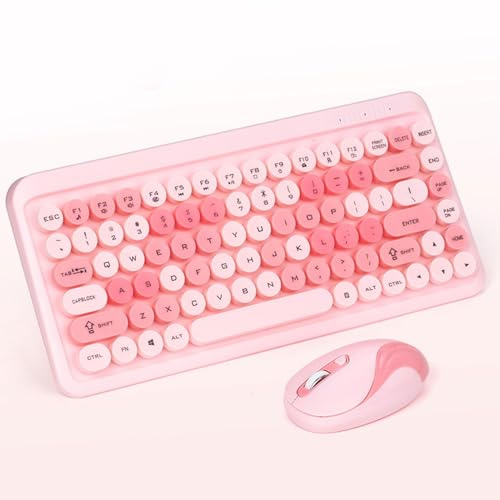PUSOKEI Wireless Keyboard and Mouse Combo, 2.4GHz USB Retro Typewriter Keyboard with Cute Round Keycaps, Ergonomic Full Size Set for Computer Laptop (Pink)