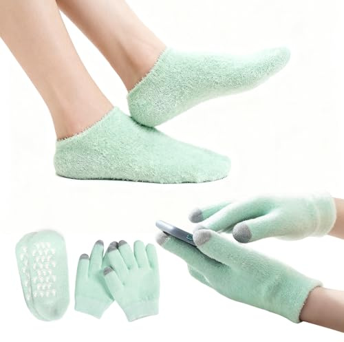 Touchscreen Moisturizing Gloves and Socks, Gel Spa Moisturizing Therapy Sock ＆ Glove, Overnight Gloves for Dry Hands, Repair and Soften Aging, Hand and Feet Care for Chapped and Dry Skin (Green)