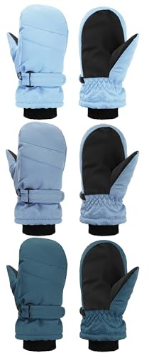 SATINIOR Kids Snow Mittens Waterproof Winter Ski Gloves Warm Thicken Snow Gloves for Girls Boys(5-8 Years,Light Blue,Lake Blue,Blue,3 Pairs)