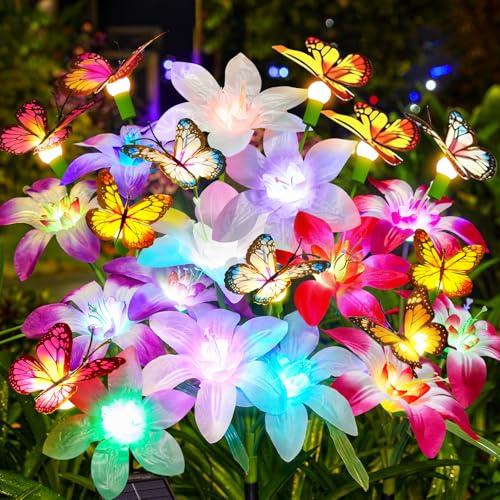Garpar Solar Garden Lights, 4 Pack 800mAh Solar Flower Lights with16 Color Changing Lilies and 12 Butterflies, Brighter Waterproof Garden Decor for Yard Lawn Pathway, Mom Women Grandma Gift