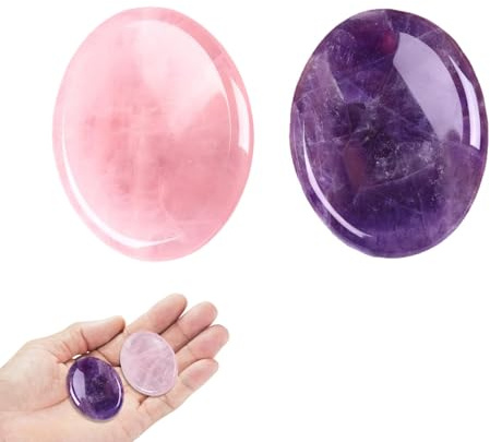 2Pcs Oval Amethyst and Rose Quartz Worry Healing Stones – Natural Pocket Stones for Anxiety – Polished Thumb Worry Stone Gemstones for Meditation Therapy – Spiritual Energy Crystals for Stress Relief