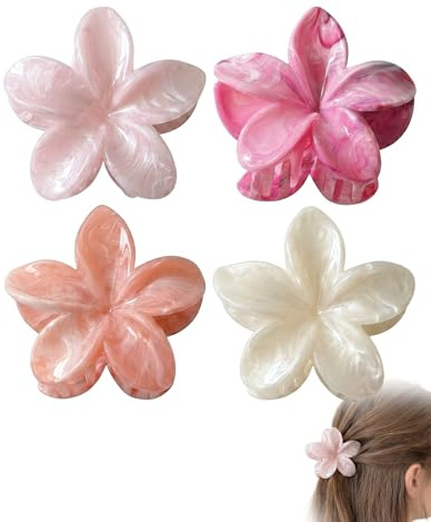 HAPZUR Mollette Capelli Donna 4pz, 8cm, Mollettone Fiore Grande Antiscivolo, Forte Tenuta per Capelli Spessi e Sottili, Pinze Eleganti per Acconciature Estive e Quotidiane, Vari Stili.