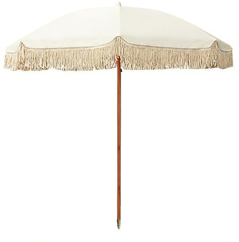 Ombrellone da Spiaggia da 200 cm con Frange, Ombrellone Boho da Esterno con Nappine per Piscina Giardino, Protezione UPF 50+, Palo in Legno, Rotondo con Borsa da Trasporto