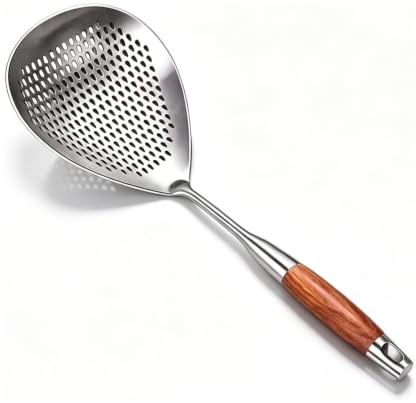 Wood Handle Frying Skimmer, 304 Steel Slotted Scoop for Kitchen Cooking