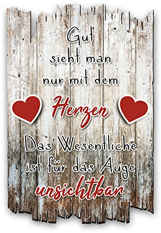 Kreative Feder Wandbild Mit dem Herzen sehen aus Holz im Shabby Chic Landhaus-Stil - Holzschild Größe 30x20cm (Mit dem Herzen sehen)