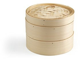 Ken Hom Vaporera Bambú 20cm, Excellence, Buque de Vapor Cocinar con 2 Niveles y Tapa para Arroz, Dim Sum, Verduras, Pescado y Carne, No Apto Para Lavavajillas