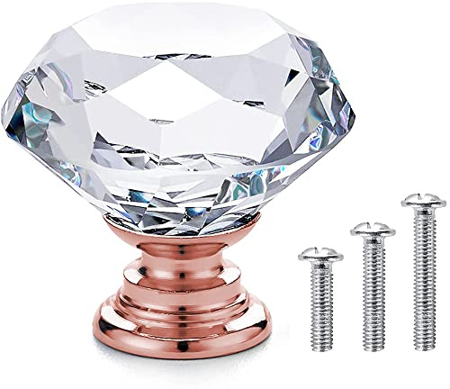 Vandicka 20 Piezas Pomos y Tiradores de Cristal para Cajones 30x28mm | Armarios, Puertas, Armarios de Cocina, Aparadores, Diamante Transparente + Base de Oro Rosa, con Tornillos de 3 Tamaños