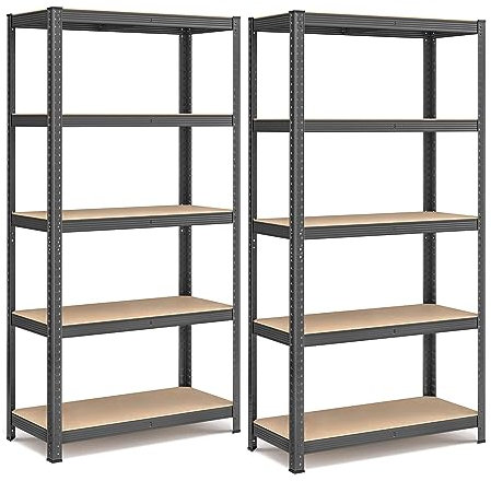 SONGMICS Set di 2 Scaffali in Metallo, Scaffalature a 5 Ripiani Regolabili, Senza Viti, Scaffale Salvaspazio per Garage, Magazzino, Portante 875 kg, 40 x 90 x 180 cm, Grigio Tortora GLR040G02