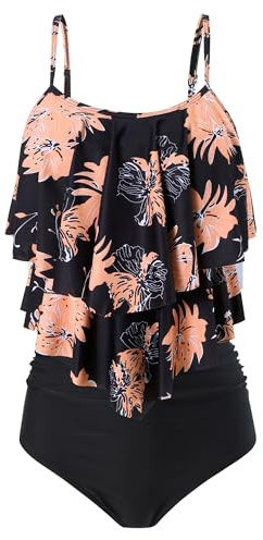 FLYILY Costume da Bagno da Donna a Due Pezzi a Vita Alta Tankini Set Costume da Bagno con Volant Arricciato(2-BlackFlower,L)
