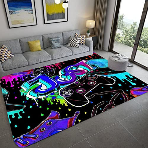 Gamer Controller Große Teppiche für Wohnzimmer Schlafzimmer Kinder Spielen Krabbelmatte Teenager Junge Graffiti Spielkonsole Teppiche Rutschfeste Bodenmatte Fußmatten (Violett,160x200 cm)