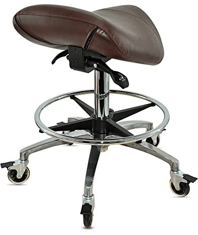 VAKON SALON - Sattelhocker mit Neigung Braun, Sattelstuhl, Rollhocker höhenverstellbar von 55-75 cm mit Fußring, Drehhocker, Praxishocker, Bürohocker, Arbeitshocker