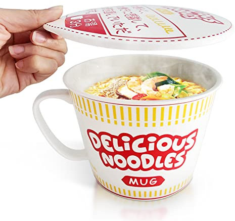 Sophie & Panda Porcelain Instant Noodle Bowl Mug with Handle 34 Oz - A Must-Have Accessory for Anyone Who Loves Asian Noodles - One Novelty 5.5” X 4.5” Ramen Bowl with Lid (Red)