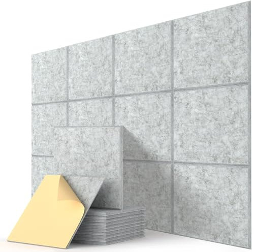 Acoustic Wall Panels Self-Adhesive, 12 Pcs Sound Absorbing Panels for Studio, Bedroom, Living Room, Office, Gaming, Ceiling, Door Acoustic Treatment, Gray, 12 X 12 X 0.4