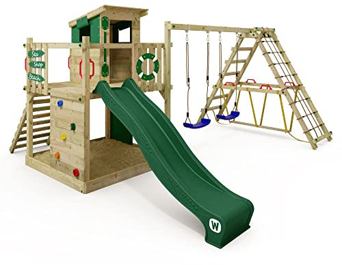 WICKEY Spielturm Klettergerüst Smart Surf mit Schaukel & grüner Rutsche, Outdoor Kinder Kletterturm mit Sandkasten, Leiter & Spiel-Zubehör für den Garten
