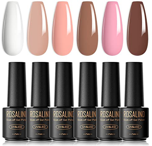 ROSALIND UV-nagellack, 6 färger Mini Gel Nail Polish Set Vit Nude Ljusrosa Brun Soak Off UV LED Nail Polish French Manicure för kvinnor Moder Present Set