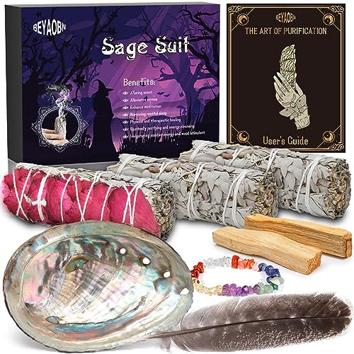 BEYAOBN Weiße Salbei-Packungen, 3 Packungen Salbei, 2 Palo Santo Abalone-Muschel – Reinigung beseitigt negative Energien, natürlicher Weihrauch, zum Verbrennen gegen Stress, Meditation, Ritualholz