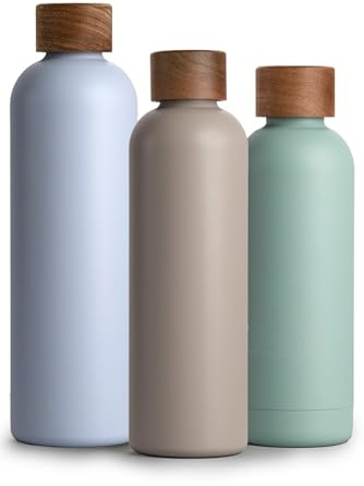 T&N Edelstahl Trinkflasche 750ml, Thermosflasche 0.75l mit Akazienholz Deckel, Isolierte Wasserflasche auslaufsicher bei Kohlensäure, Isolierflasche 750 ml - Mud Grey