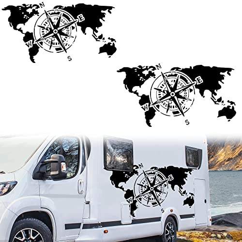 Aufkleber Weltkarte Kompass Deko – Set Aufkleber Van Life Camping – Aufkleber Auto Motorrad Camping – Aufkleber Kompass Camping Van – 2 Stück (40 x 21 cm, schwarz)