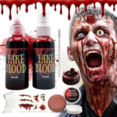 RoserRose Lot de 7 faux sang pour Halloween, faux sang pour la peau Horror SFX, spray de faux sang, gouttes épaisses, faux sang, grattoir, bandage adhésif pour zombies
