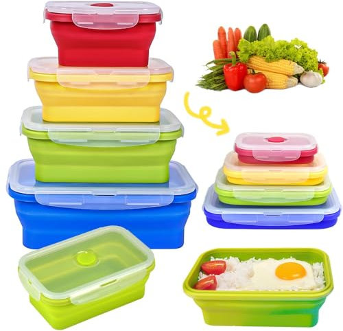 KARBAG Set of 4 Collapsible Silicone Food Storage Container with Lid, Collapsible Silicone Lunch Box Portable Lunch Bento Box Outdoor Picnic Box Space Saving, Microwave, Dishwasher & Freezer Safe