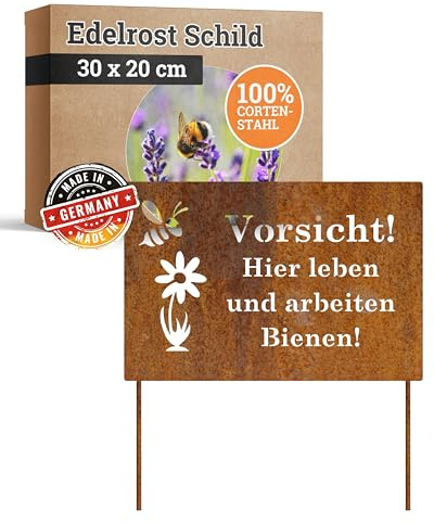 Feuerfest 123 GmbH Edelrost Schild mit Stecker Vorsicht Hier Leben Bienen