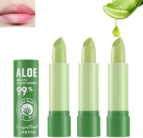 Mrettick 3 pcs Aloe Vera Farbwechsel-Lippenstift, lang anhaltende Lippenpflege nahrhafter Plumper Lippenbalsam Feuchtigkeitscreme Magic PH Temperatur Farbwechsel Lipgloss Make-up Set für Frauen