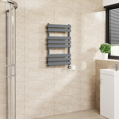 Warmehaus Flat Panel Electric Towel Rail Touch Screen Grey 800x500mm | Timer, Thermostatic, Mild Steel, 3 Operating Modes, LCD Display, Dual Fuel, Bathroom Ladder Radiator, Prefilled