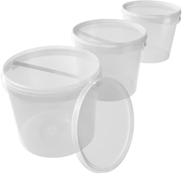 3X Transparent Rund Eimer mit Deckel 5l | Lebensmittelecht Luftdicht Kunststoff mit Griff für Lebensmittel, Chemie, Waschpulver, Klebstoffe