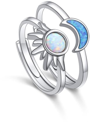 Flyow måne och sol par ringar set 925 sterlingsilver sol måne matchande smycken ringar löftesringar för par justerbar förlovningsring för henne och honom, Verstellbare, Sterlingsilver, Syntetisk opal