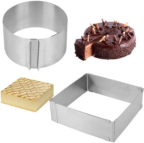 ZOENHOU 2 Pack 6-12 Inch Cake Ring Mould with Scaling, Stainless Steel Mousse Round Mold Adjustable Baking Frame, Cake Mold for Baking Kitchen DIY Pastry, Square and Round
