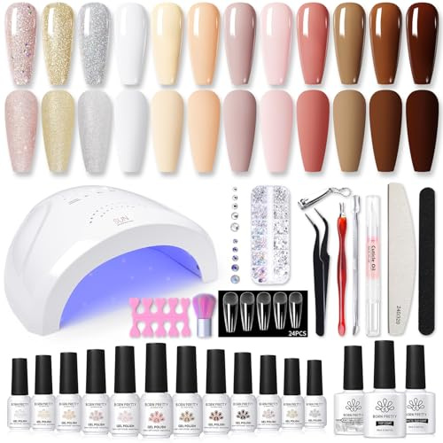 BORN PERTTY UV Nagellack Set mit UV Lampe 12 Farben - 47PCS 48W Gel Nagellack Set mit UV Lampe Nagelset Gelnägel Starterset Nude Silber Glitzer Gold