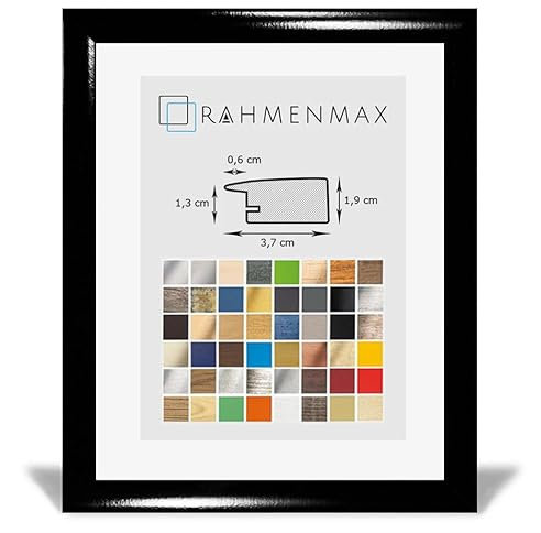 RahmenMax® Toskana Bilderrahmen Holz 48x64 cm zum Aufhängen/Bilderrahmen Maßanfertigung möglich/MDF Posterrahmen/Bilder Rahmen in Schwarz Hochglanz mit Acrylglas/Puzzle Rahmen