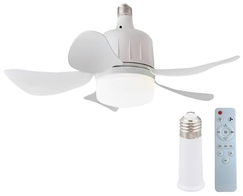 HTU LED Mini Ceiling Fan E27 Base Remote Control Indoor Ceiling Fan Light 3 Colors Dimmable Light Bulb Fan with Socket 3 Speeds 17.7 Inch for Bedroom Living Room Balcony