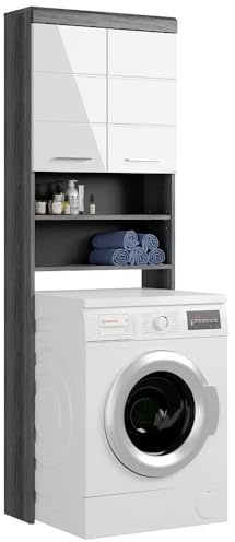 Lomadox Waschmaschinenregal Waschmaschinenüberbau Waschmaschinenschrank Schrank Regal modern in Hochglanz weiß mit grau