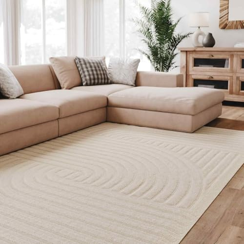 Interiyou Tapis Salon à Poils Courts Lecce - 140x200 Crème - Intérieur pour Chambre, Bureau, Couloir - Motif bohème scandinave avec Effet 3D - Design géométrique Plat