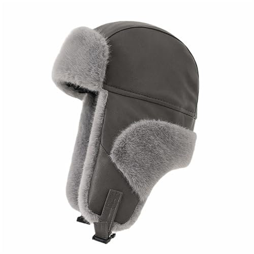 GIBZ Trappermütze für Damen Russische Winter Mütze aus PU-Leder Winddichte Fliegermütze für Herren Warme wintermütze mit Ohrenklappen Grau (56-58cm)