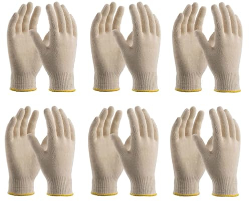 Generico 6 paia Guanti in Cotone Anallergici per Pulizie, Dotati di Elastico al Polso per Massimo Comfort, Realizzati Interamente in Morbido Cotone Lavabile in Lavatrice, Taglia Unica, Color Panna