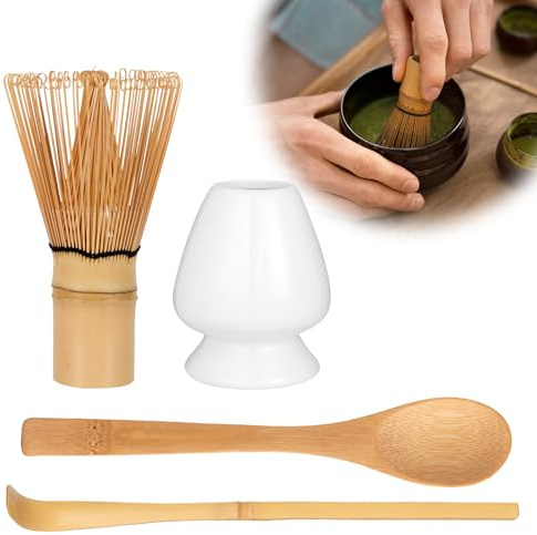 Zanfqvo Juego de te Matcha - Kit te Matcha 4 Piezas - Set Batidor Matcha con 2 Cucharas Matcha, Porta Batidor - Accesorio de Ceremonia de Matcha Japonés (Blanco)