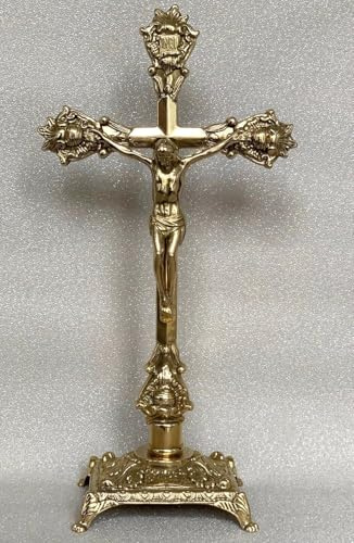 Pintici Stehkreuz aus Messing Kruzifix Kreuz JESUS Christus ALTARFIX ANTIK ALTARKREUZ NEU Standkreuz Gold 40x20cm