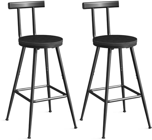 MAHANCRIS Sedie da Bar con Schienale, Set di 2 Sgabelli da Bar, Sgabelli da Pranzo, Telaio in Metallo, Piedi Regolabili, Facile da Montare, per Cucina, Soggiorno, Bar, Caffetteria, Nero BAHB6001