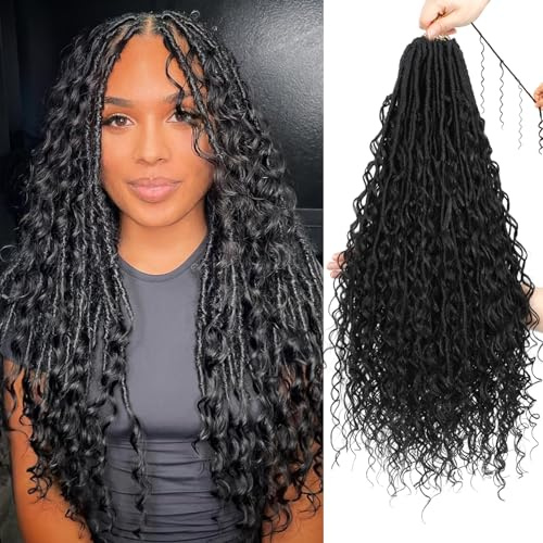 XIIMENALU Boho Faux Locs Crochet Hair 8-pack goddess mjuka locs med lockiga ändar förlooped Bohemian River Locs Crochet Hair Extensions för svarta kvinnor (1B#, 45 cm (8-pack)