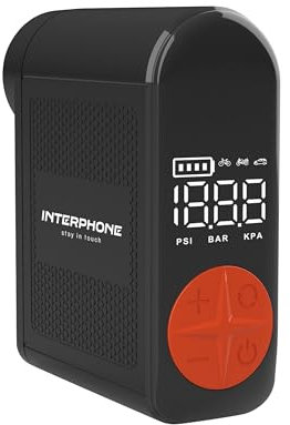 INTERPHONE Compresor portátil de Bolsillo Recargable para Moto, Coche, Bicicleta – Kit de inflado de neumáticos – hasta 4 neumáticos – 4 Minutos de Goma – Luz LED – Pantalla de presión