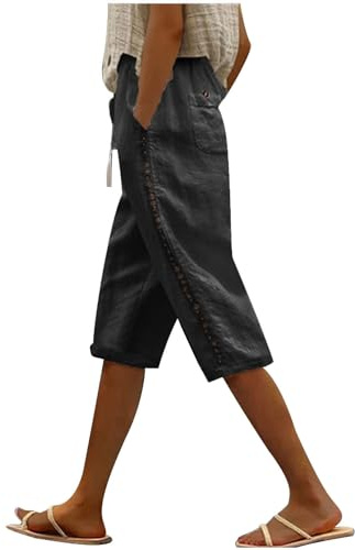 Linen Shorts Women Summer Knee Length Capri Pants Casual Plain Drawstring Cropped Trousers Ladies Comfy Lightweight Loose Fit Long Shorts
