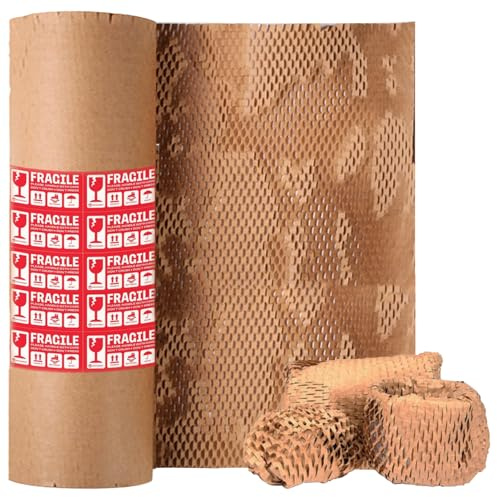 Honeycomb Packing Paper, 15x300' Eco Friendly Packing Paper for Moving Recyclable Shipping Supplies Bubble Paper Wrapping Protective Roll, With 24 Fragile Sticker Labels