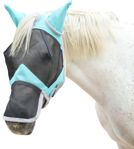 Leberna Horse Fly Mask with Ears and Nose Cover(Turquoise, Cob) | Large Eye Space, Full Face UV-Block, Breathable Mesh, Adjustable Fit, Soft Fleece Trim for Grazing, Riding & Daily Use