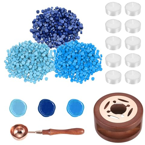 PATIKIL Wachs Siegel Set 300 Stück Wachsperlen Holz Wärmer Schmelzlöffel 10 Stück Teelichter Für Briefumschläge Basteln DIY 3 Blaue Töne | Teelichter, Wärmer Schmelzlöffel, Für Briefumschläge Basteln DIY
