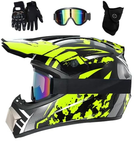 Jugend Kinder Motocross Helm, mit Brille Handschuhe Maske, Unisex Komfortabler Integral Offroad ATV Roller Motorrad Helme, Downhill Enduro BMX MTB Dirtbike Crash Helm(Yellow,M/54-55CM)